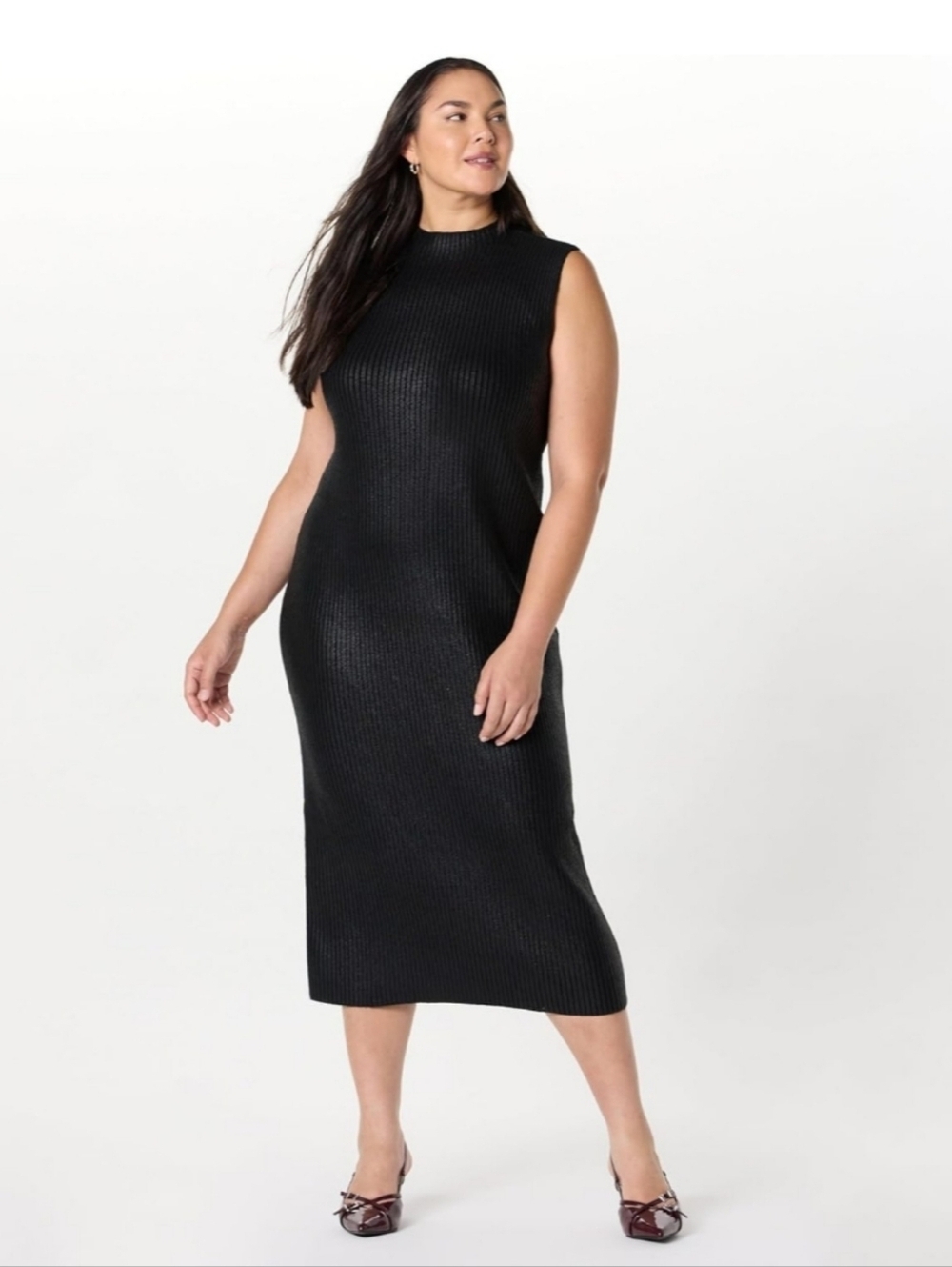 The Drop Jodi Mock Neck Maxi Sweater Dress XL Black Ribbed Foil Sleeveless NWT